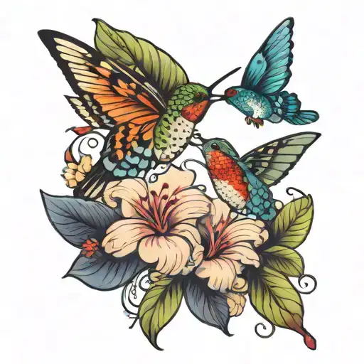 butterfly and hummingbird flying tattoo design idea