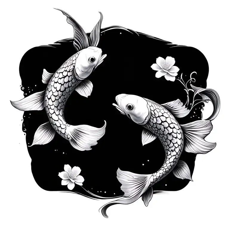 2 koi fish swimming with flower tattoo design idea