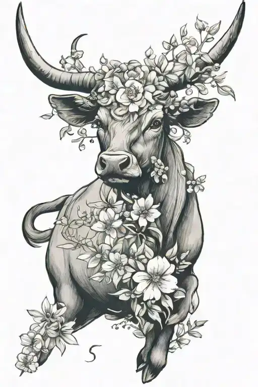 Taurus with flowers tattoo design idea