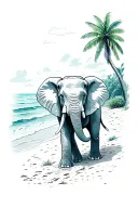 elephant on a beach with palmer tattoo design idea