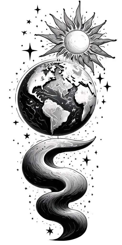 earth globe sun moon star filled sky tattoo design idea