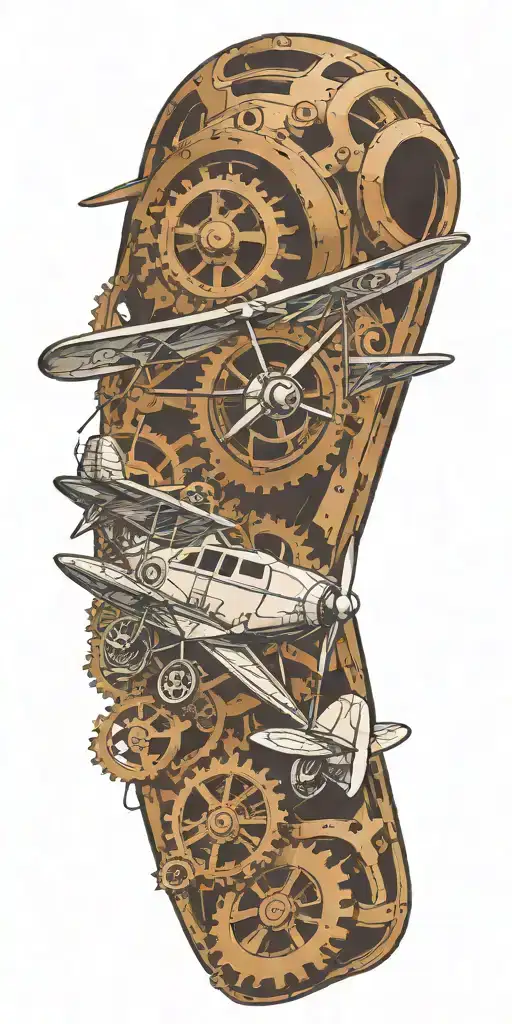 An engineer-themed tattoo showcasing a blueprint design of a vintage airplane, with gears and mechanical elements incorporated into the design tattoo design idea