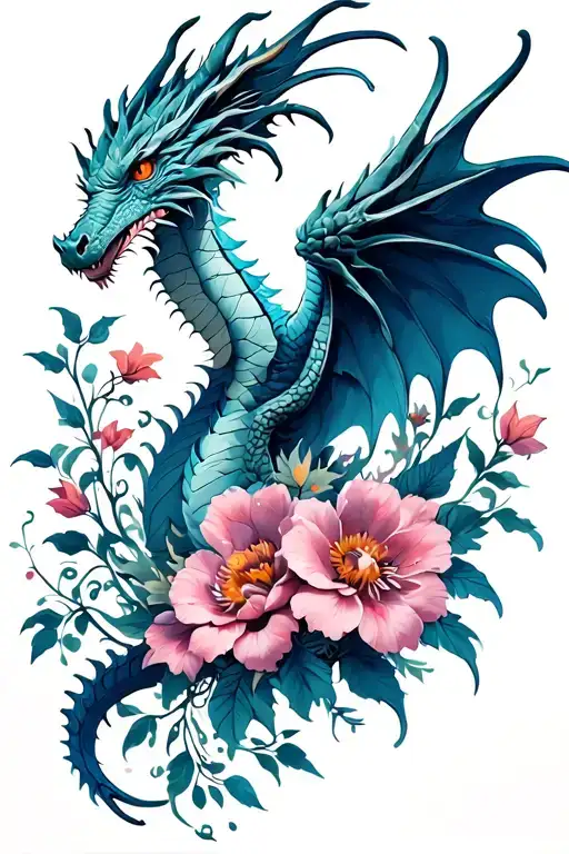 dragon fourth wing with flowers tattoo design idea