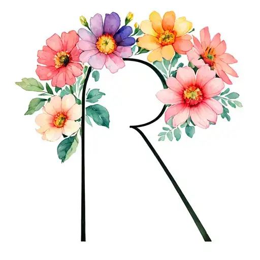 A large cluster of a dozen blooming flowers, whose lines allow an R to be woven among the lines of the flowers tattoo design idea