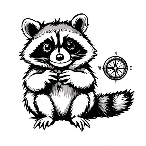cute racoon sitting holding a compass tattoo design idea
