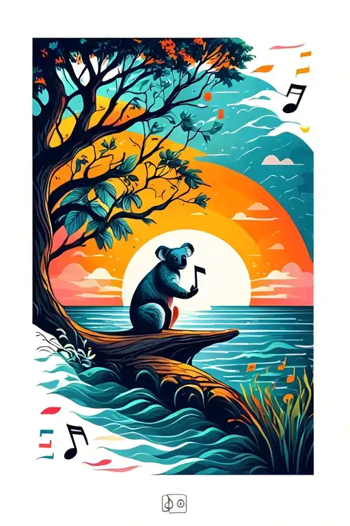sunset over the ocean and music note intertwined and a tree with a koala  tattoo design idea