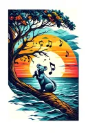 sunset over the ocean and music note intertwined and a tree with a koala  tattoo design idea