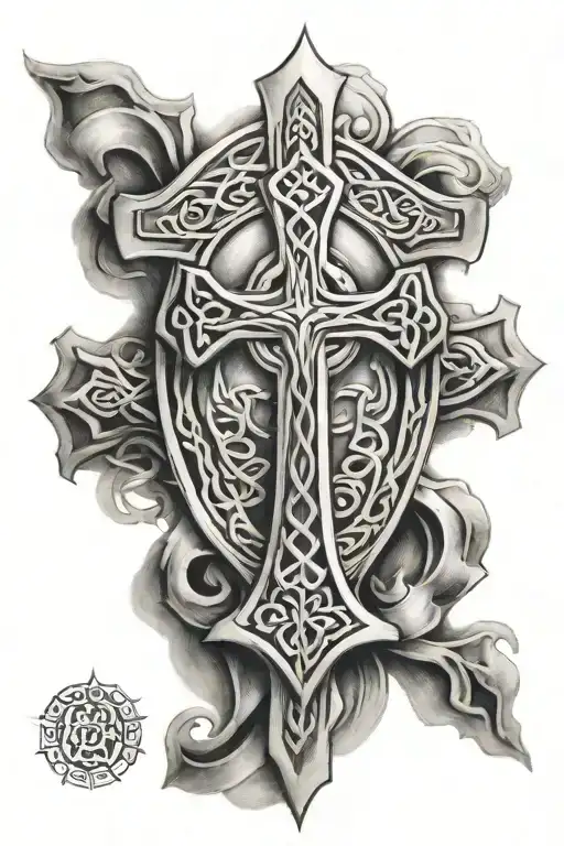 celtic cross with 'father' 'son' 'spirit' on top 3 points tattoo design idea