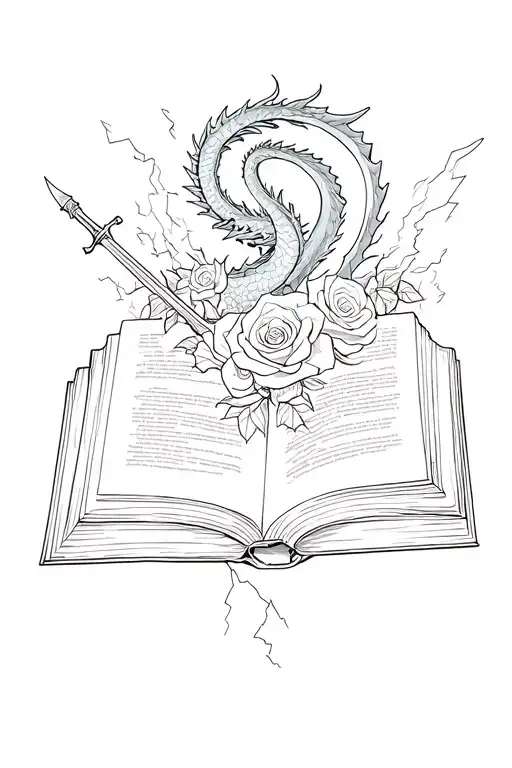open book with a dragon emerging surrounded by lightning and shadows. roses, daggers and swords embedded tattoo design idea
