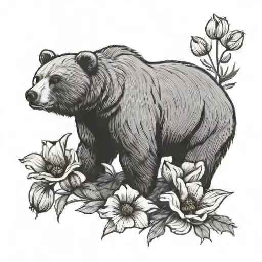Grizzly Bear and California poppy flowers tattoo design idea