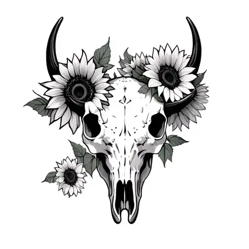 bull skull gothic  with sunflowers creepy tattoo design idea