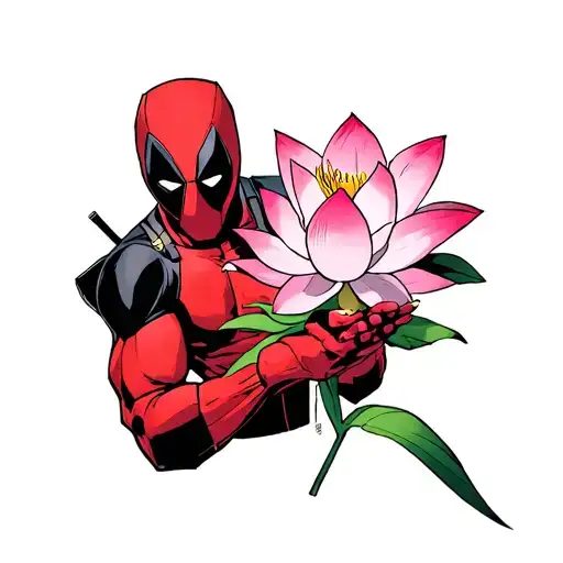 Full body animated Deadpool with a lotus flower in his hands  tattoo design idea