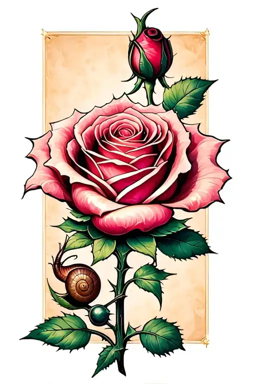 Top view of a rose. A metal stem with thorns. And a snail climbing up the stem. tattoo design idea