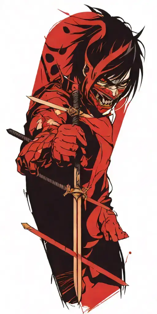 male anime character wearing oni mask holding swords fighting off inner demons  tattoo design idea