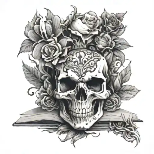 skull and wearwolf and dragon stack of book surrounded by bold floral tattoo design idea
