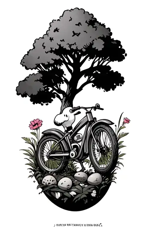 snoopy, hatchimals eggs, bike with a tree, emu, flowers, zombies, tattoo design idea