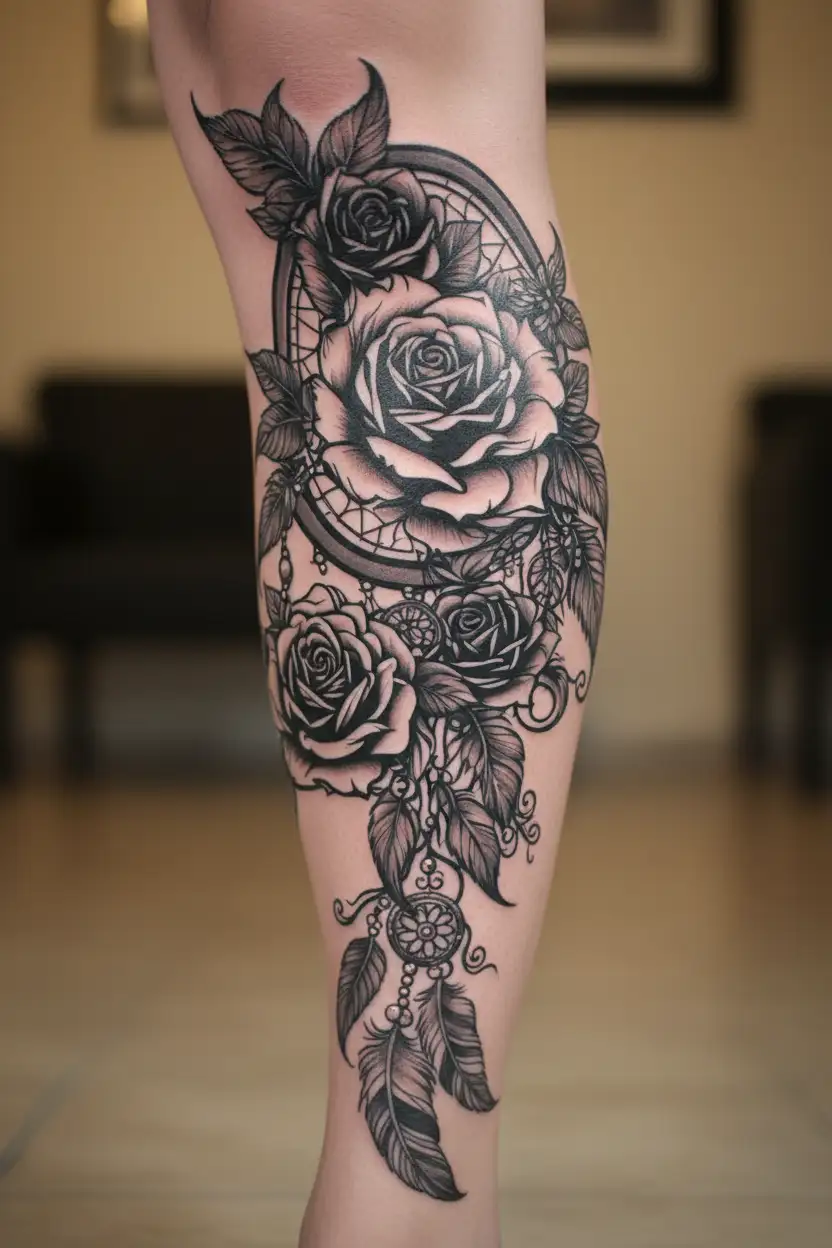 dream catcher entangled in roses thigh tattoo tattoo design idea