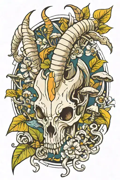 goat skull and mushrooms tattoo design idea