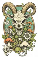 goat skull and mushrooms tattoo design idea