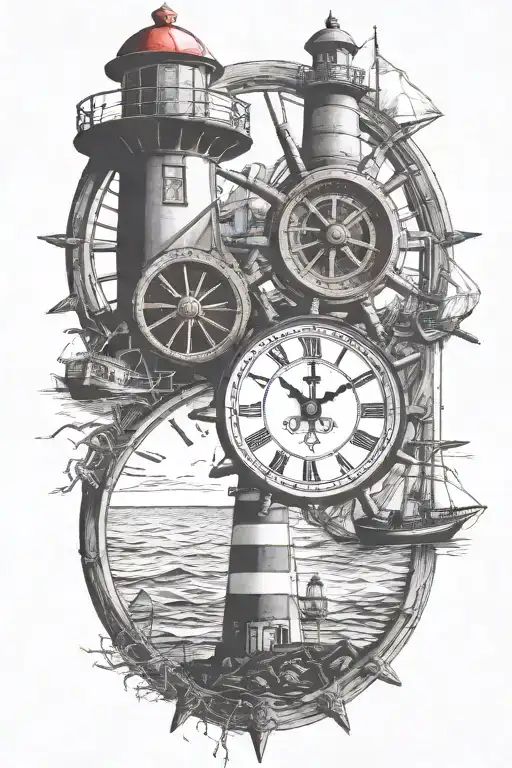 clock surrounded by a ships wheel with a light house tattoo design idea