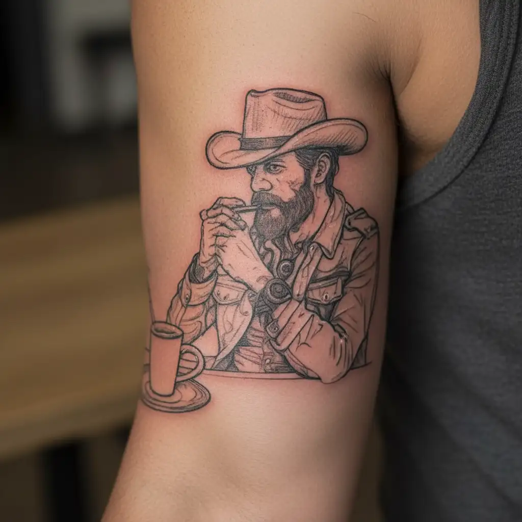 Cowboy crotched down drinking coffee and smoking a cigarette tattoo design idea