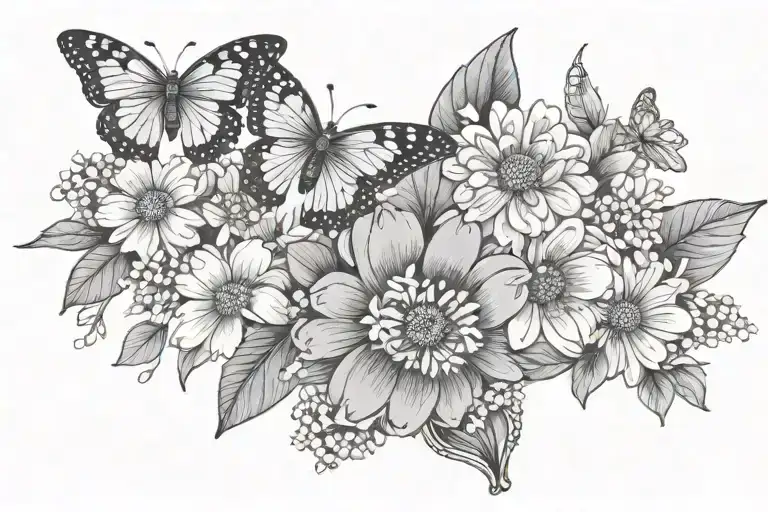 feminine fine line daisy and cherry blossoms wrapped on wrist with 2 butterflies  tattoo design idea