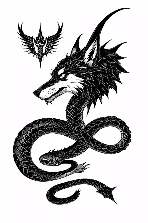 Loki, the wolf Fenrir, the serpent Jormungand serpent with lines tattoo design idea