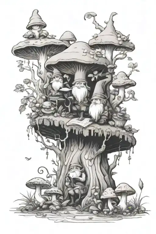 A mystical forest scene with gnomes reading books near mushrooms tattoo design idea