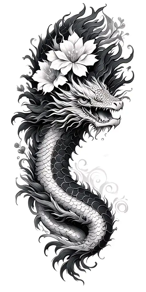 dragon scales, floral accents, japanese inspired flower and dragon motif sleeve tattoo design idea