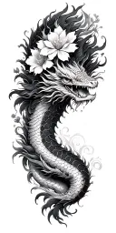 dragon scales, floral accents, japanese inspired flower and dragon motif sleeve tattoo design idea