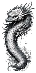 dragon scales, floral accents, japanese inspired flower and dragon motif sleeve tattoo design idea