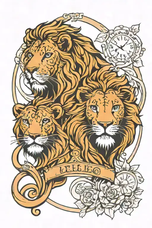 Leo with dates and time of birth 2 children tattoo design idea