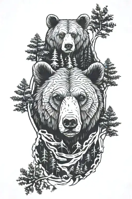 bear and forest tattoo design idea