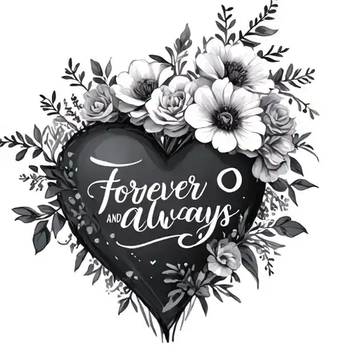 floral bouquet with heart with writing forever and always tattoo design idea