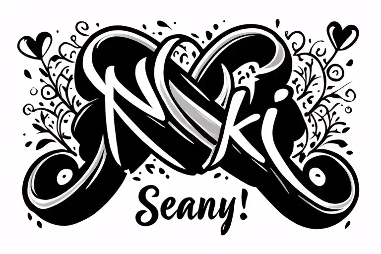 ""Nikki" "Seany"" infinity symbol integrated with cursive names "Nikki" "Seany" tattoo design idea