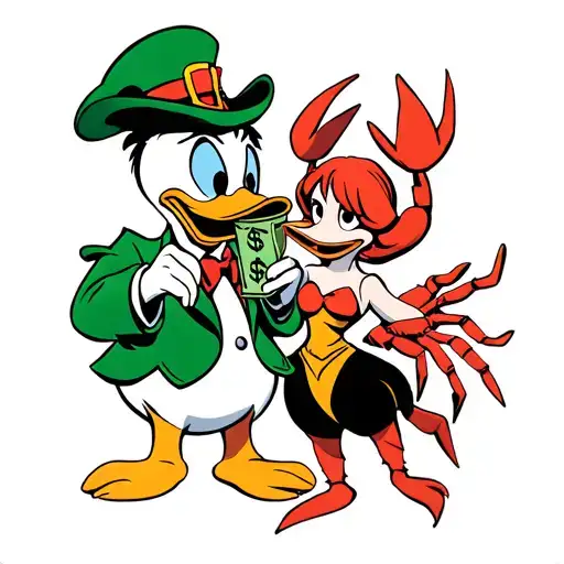 uncle Scrooge McDuck and Mrs crab holding money tattoo design idea