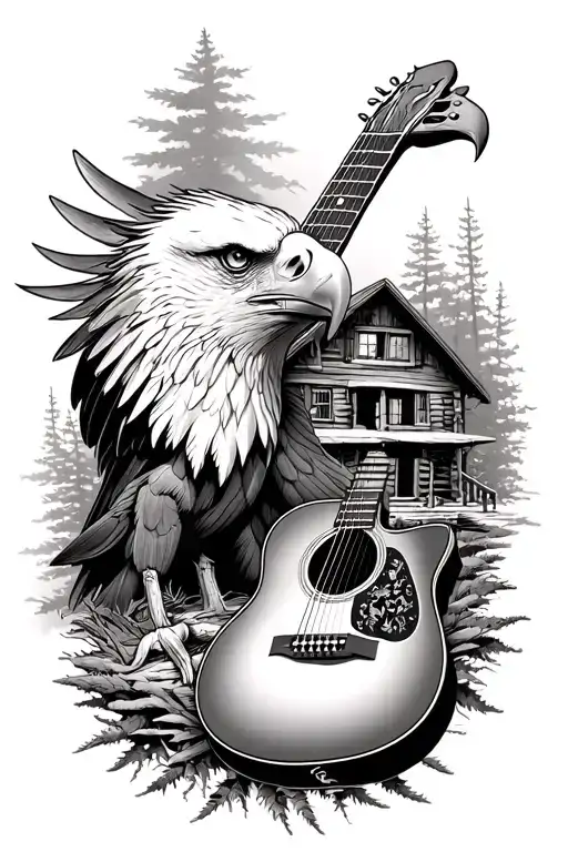 Combine elements of a log cabin, acoustic guitar, and a bald eagle into a cohesive blackwork sleeve tattoo, symbolizing the client's love for music, nature, and patriotism tattoo design idea