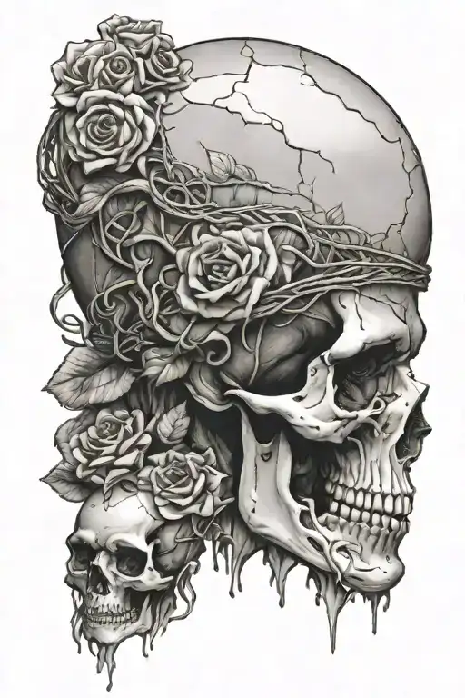 Sculpture of a head with a crack. Inside the sculpture is a skull. The sculpture is wrapped in a snake. Around it are rosebuds in different stages tattoo design idea