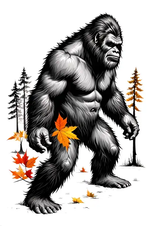 bigfoot with colored leaves and trees tattoo design idea