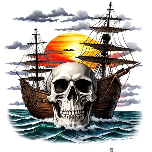 sunset beach pirate ship skull chain link tattoo design idea