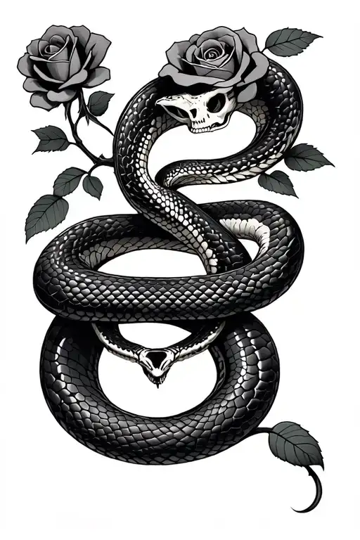 Two snakes wrapped around each other. One snake is a skeleton and the other has roses tattoo design idea