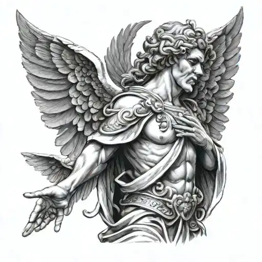 Greek guarding angel praying shoulder tattoo with wings wrapping around tattoo design idea
