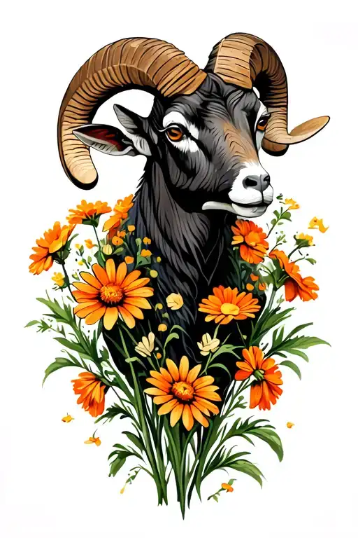 a Ram with orange daisies and sweet pea flowers growing tattoo design idea