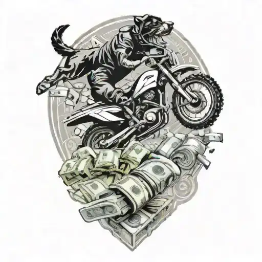 A dirt bike jumping over stacks of money and guns, with a Rottweiler chasing after it, in black-grey style tattoo design idea