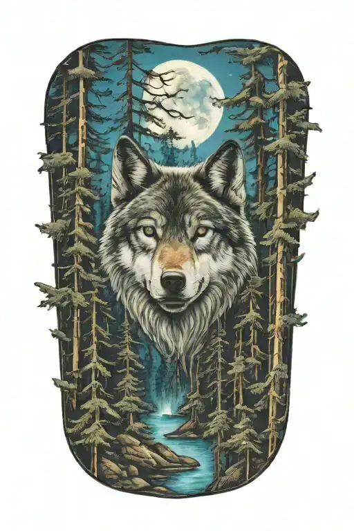 wolf blue eyes howling forest landscape tattoo design idea