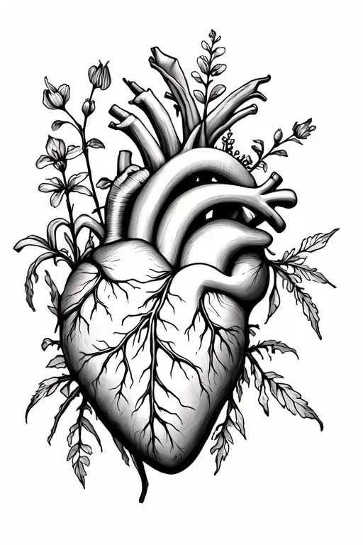 anatomically correct heart with Minnesota plants such as lady slipper, bluebells, milkweed, ect growing up out of it tattoo design idea