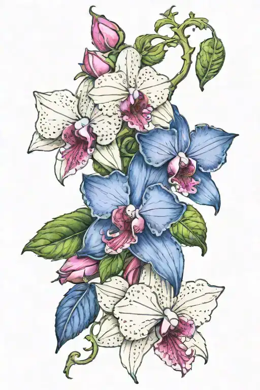 blue dendrobium orchid, pink rose, trailing ivy tattoo design idea