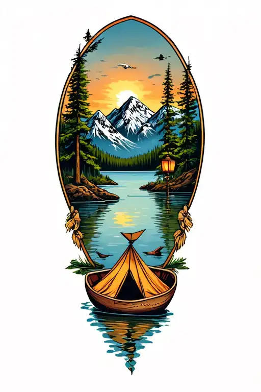 tents, mountains, eagles, lanterns, canoes, lakes tattoo design idea