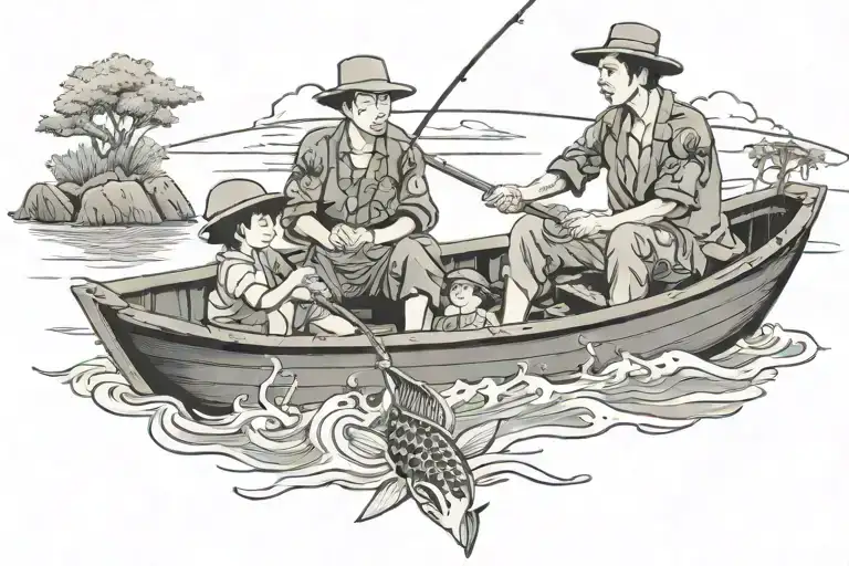 1 dad and 1 son fishing in a boat tattoo design idea