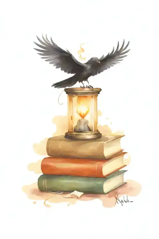 Stack of books with raven, skull, hourglass, flying dragon, candle  tattoo design idea